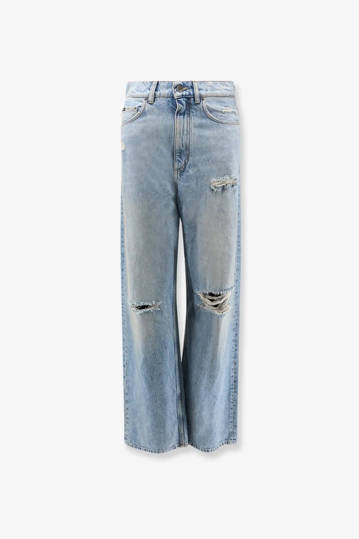 Dolce &amp; Gabbana women’s blue light-wash denim wide-leg jeans with distressed frayed knee holes and high-rise waistband