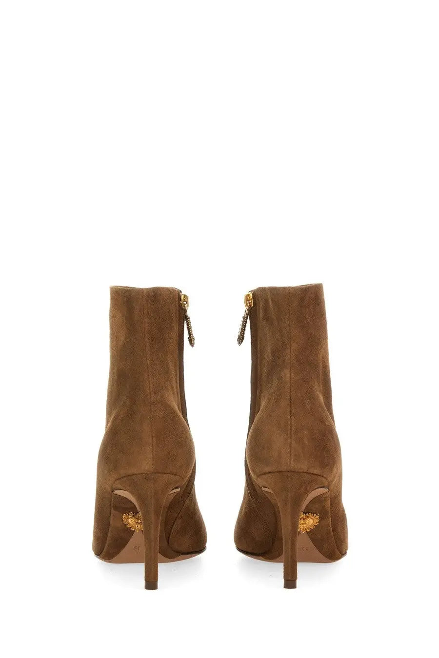 Dolce &amp; Gabbana women’s brown suede ankle boots with gold-tone zippers and ornate golden heel embellishments back view