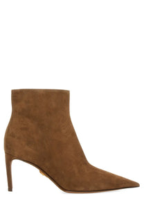 Dolce &amp; Gabbana women’s brown suede ankle boot with slender high heel and pointed toe called boot devotion
