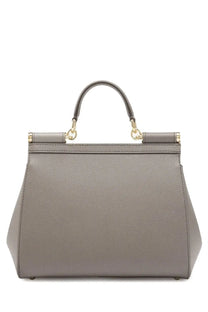 Dolce &amp; Gabbana women’s borsa mano Sicily large gray textured leather handbag with gold-tone hardware and top handle