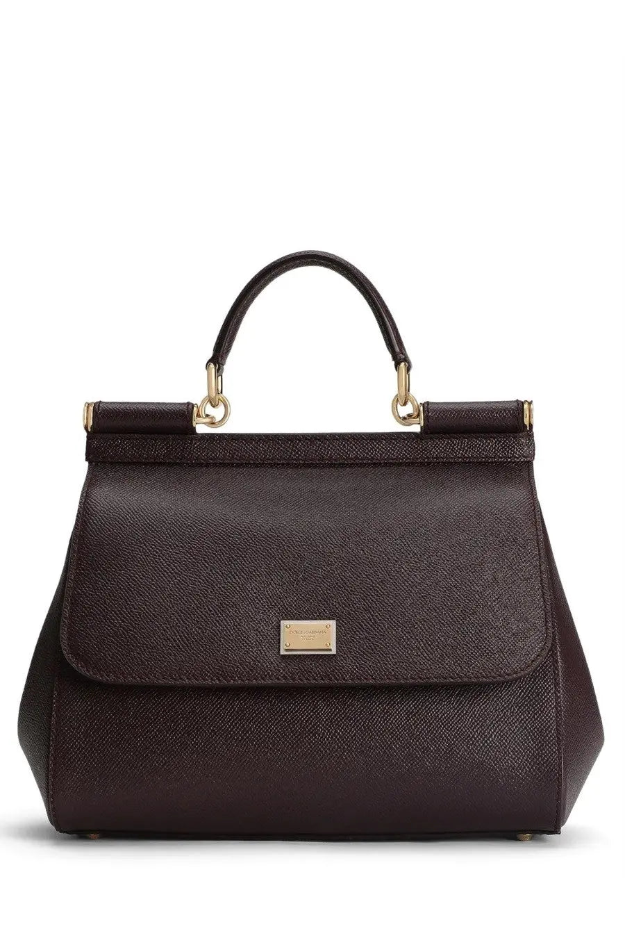 Dolce &amp; Gabbana women’s borsa mano Sicily large dark brown textured leather handbag with gold-tone hardware and metal plaque