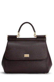 Dolce &amp; Gabbana women’s borsa mano Sicily large dark brown textured leather handbag with gold-tone hardware and metal plaque
