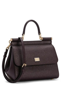 Dolce &amp; Gabbana womens borsa mano sicily medium dark purple textured leather handbag with gold-tone hardware and front plaque