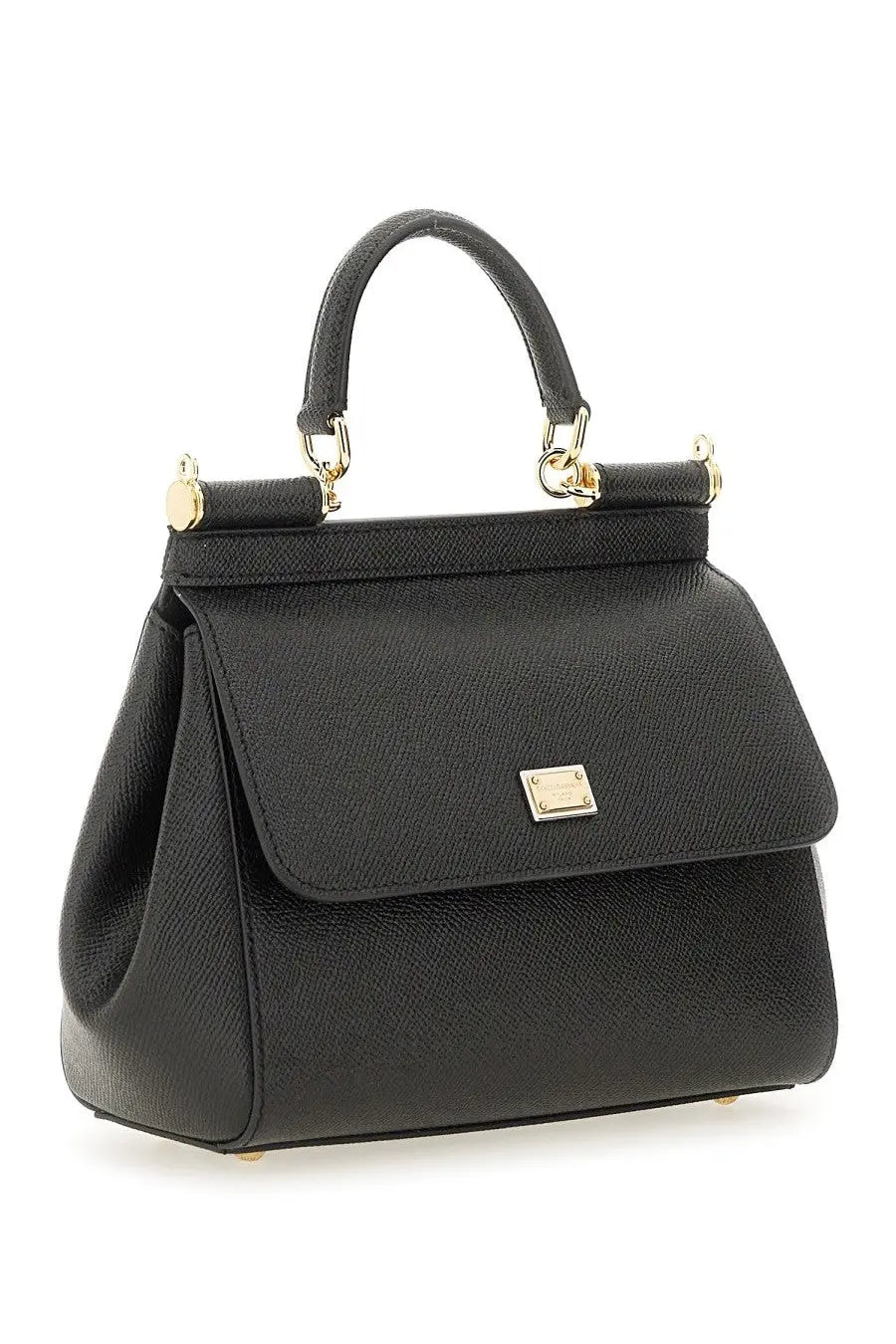 Dolce &amp; Gabbana women’s borsa Sicily medium black leather handbag with gold-tone hardware and rectangular metal plaque