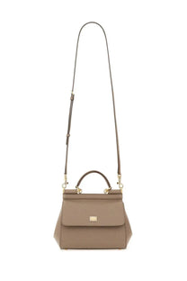 Dolce &amp; Gabbana women’s borsa Sicily medium brown beige textured leather handbag with gold-tone hardware and detachable strap