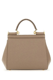 Dolce &amp; Gabbana women’s borsa Sicily medium brown taupe leather handbag with gold-tone hardware and structured shape