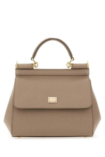 Dolce &amp; Gabbana women’s borsa Sicily medium brown taupe leather handbag with textured surface and gold-tone hardware accents