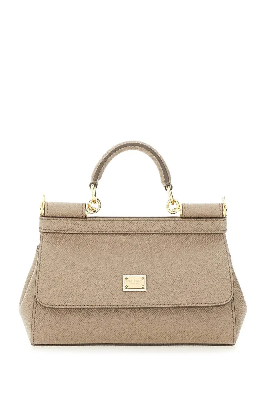 Dolce &amp; Gabbana women’s borsa Sicily small brown beige textured leather handbag with gold-tone hardware and rectangular plaque