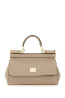 Dolce &amp; Gabbana women’s borsa Sicily small brown beige textured leather handbag with gold-tone hardware and rectangular plaque