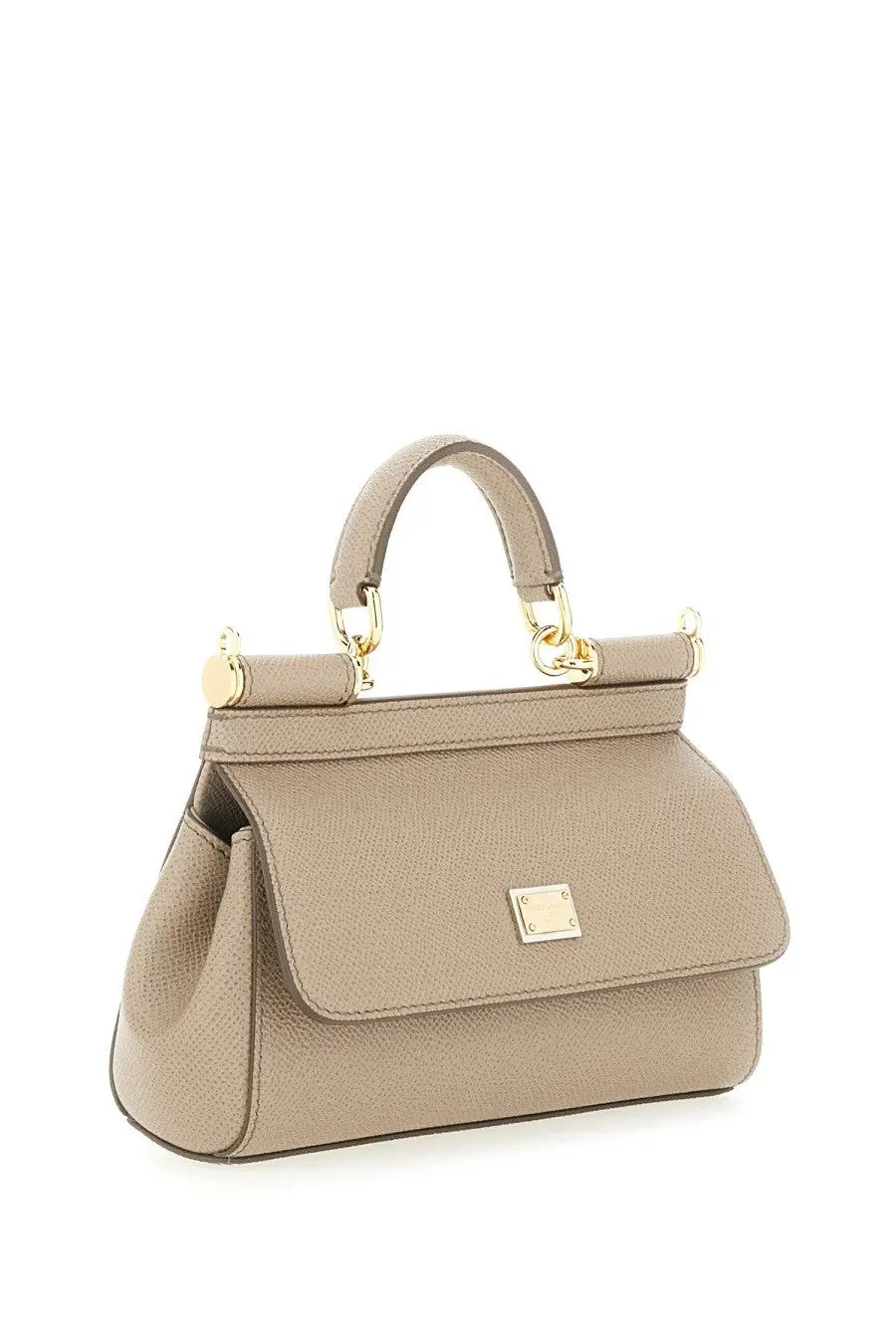 Dolce &amp; Gabbana women’s borsa Sicily small brown beige textured leather handbag with gold-tone hardware and logo plaque