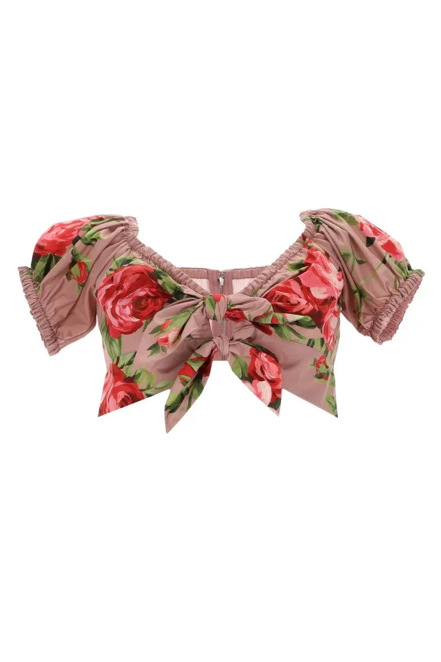Dolce &amp; Gabbana women’s blush pink cropped top with puffed sleeves and red rose print featuring ruffled edges and bow
