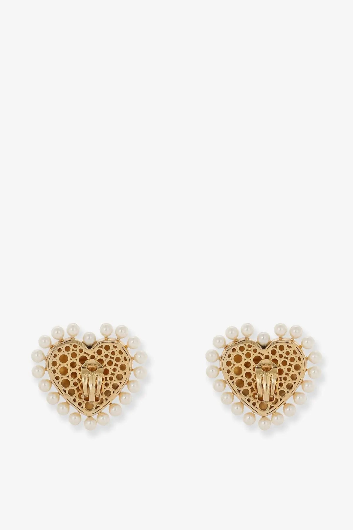 Dolce &amp; gabbana women’s gold brass heart-shaped earrings with delicate perforated design and white pearl border