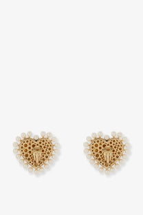 Dolce &amp; gabbana women’s gold brass heart-shaped earrings with delicate perforated design and white pearl border
