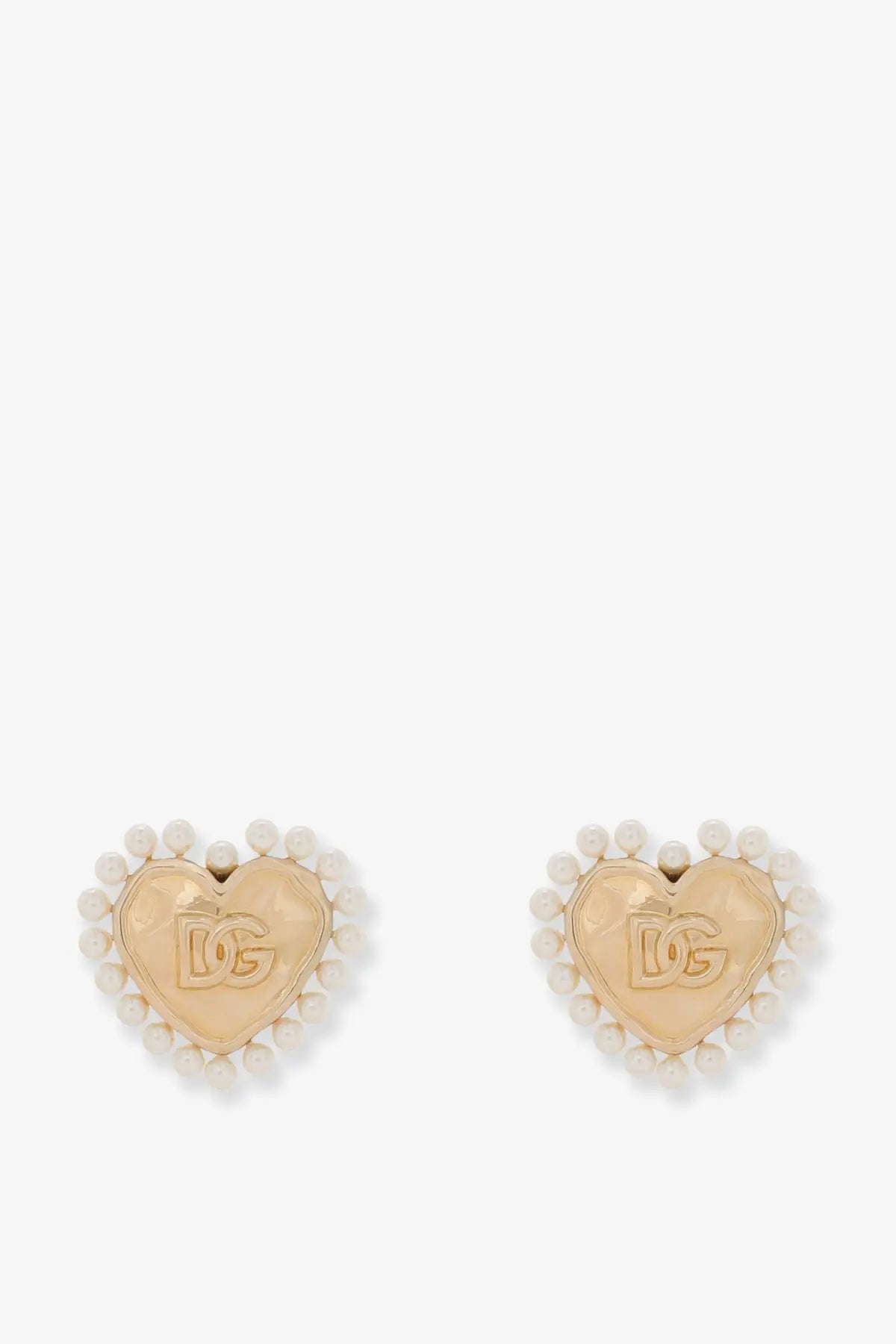 Dolce &amp; Gabbana women’s gold brass heart-shaped stud earrings with pearl border and dg logo center