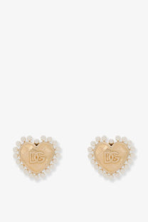 Dolce &amp; Gabbana women’s gold brass heart-shaped stud earrings with pearl border and dg logo center