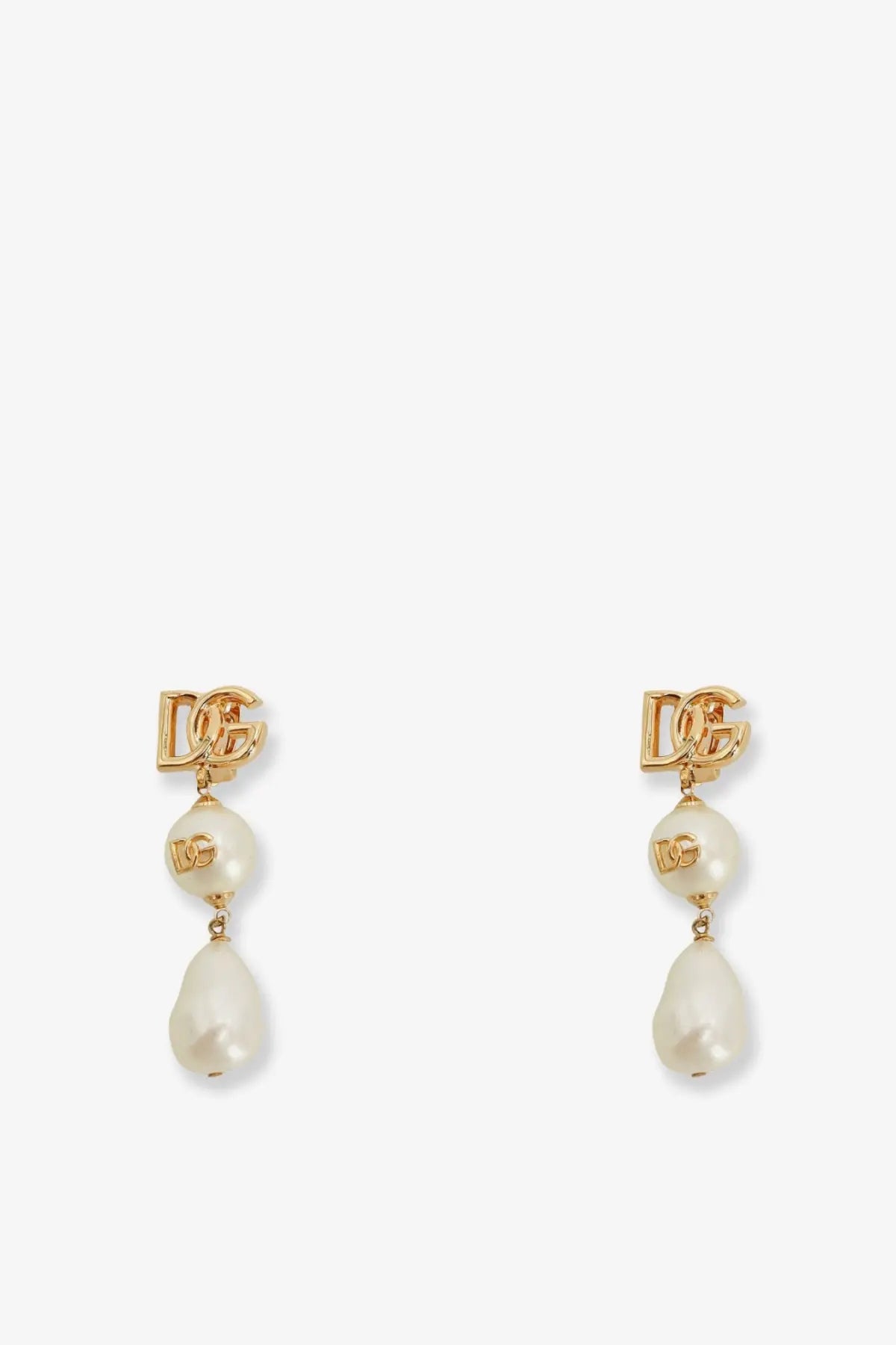 Dolce &amp; Gabbana women’s gold brass earrings with gold-tone d&amp;g logo and cascading design featuring two white pearls