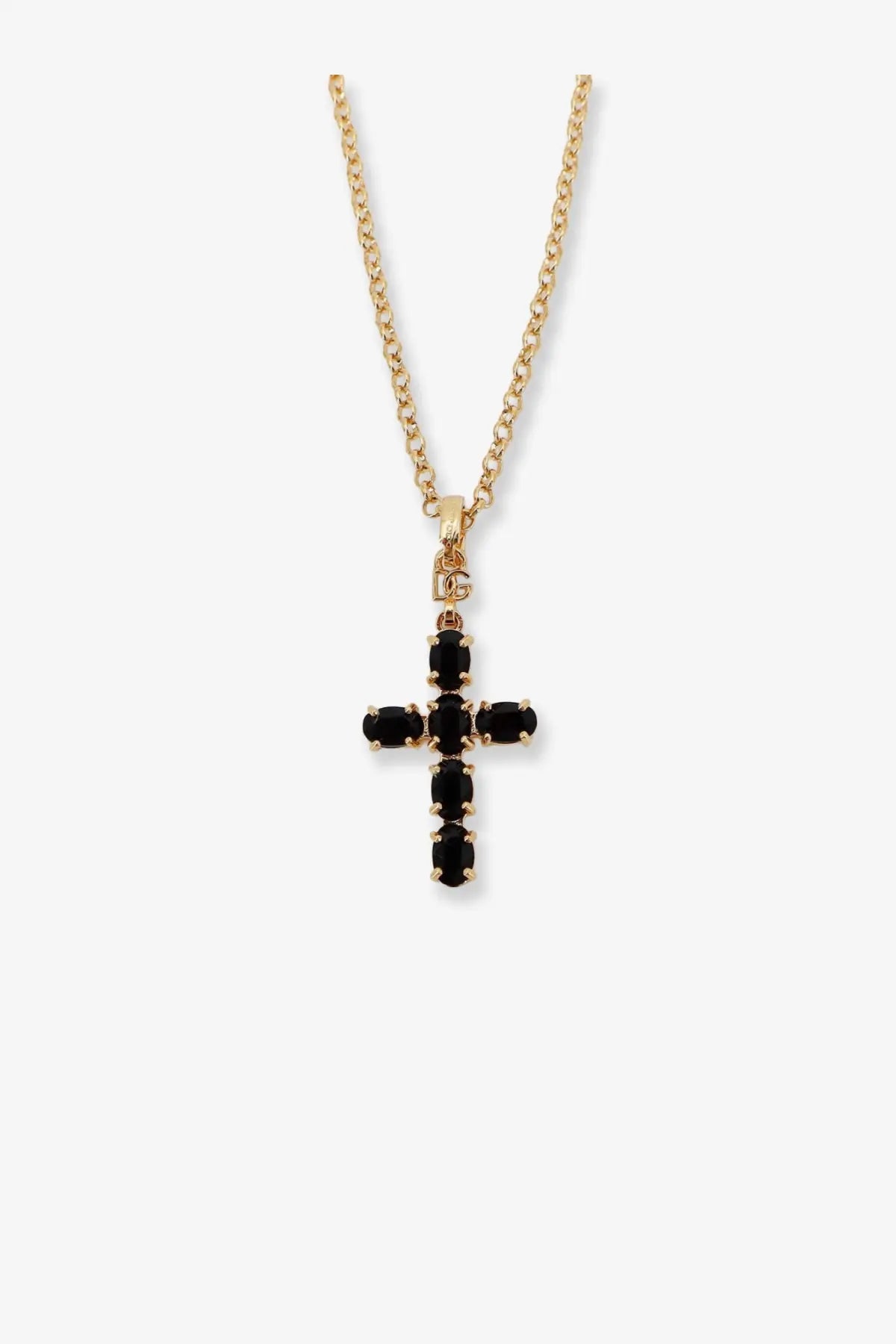 Dolce &amp; Gabbana women’s gold brass necklace featuring a gold-toned cross with black oval stones on a delicate chain