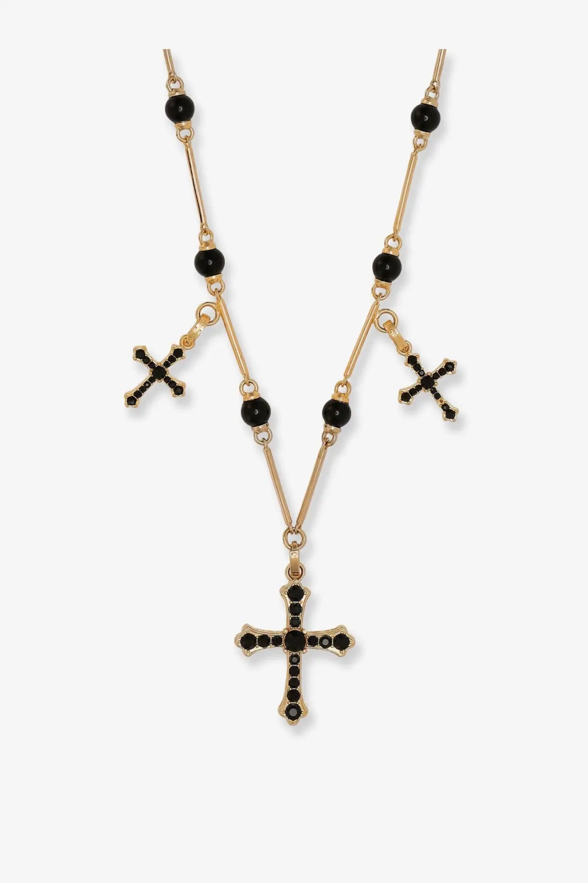 Dolce &amp; gabbana women’s brass rosary gold necklace with black beads and cross charms featuring black stone pendant