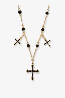 Dolce &amp; gabbana women’s brass rosary gold necklace with black beads and cross charms featuring black stone pendant
