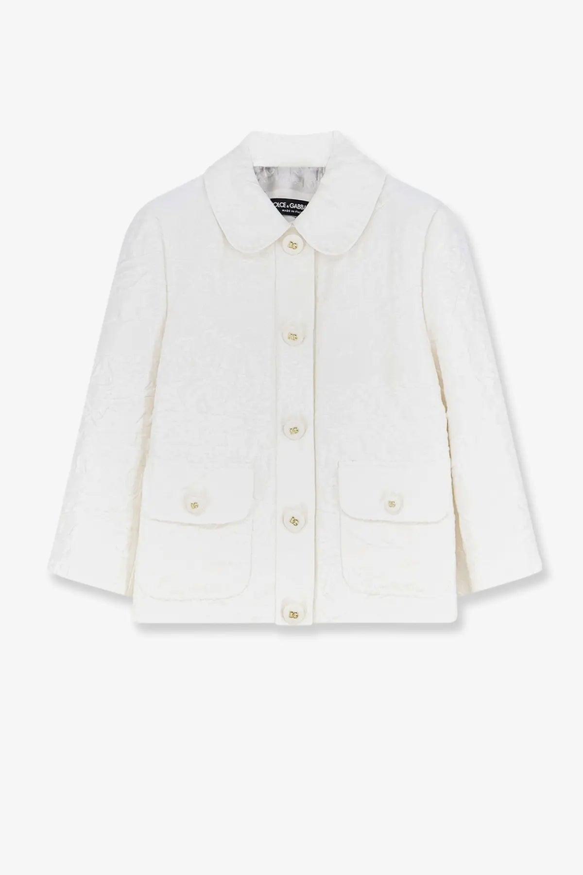 White dolce and gabbana children’s coat with classic collar and matching buttons in brocade material
