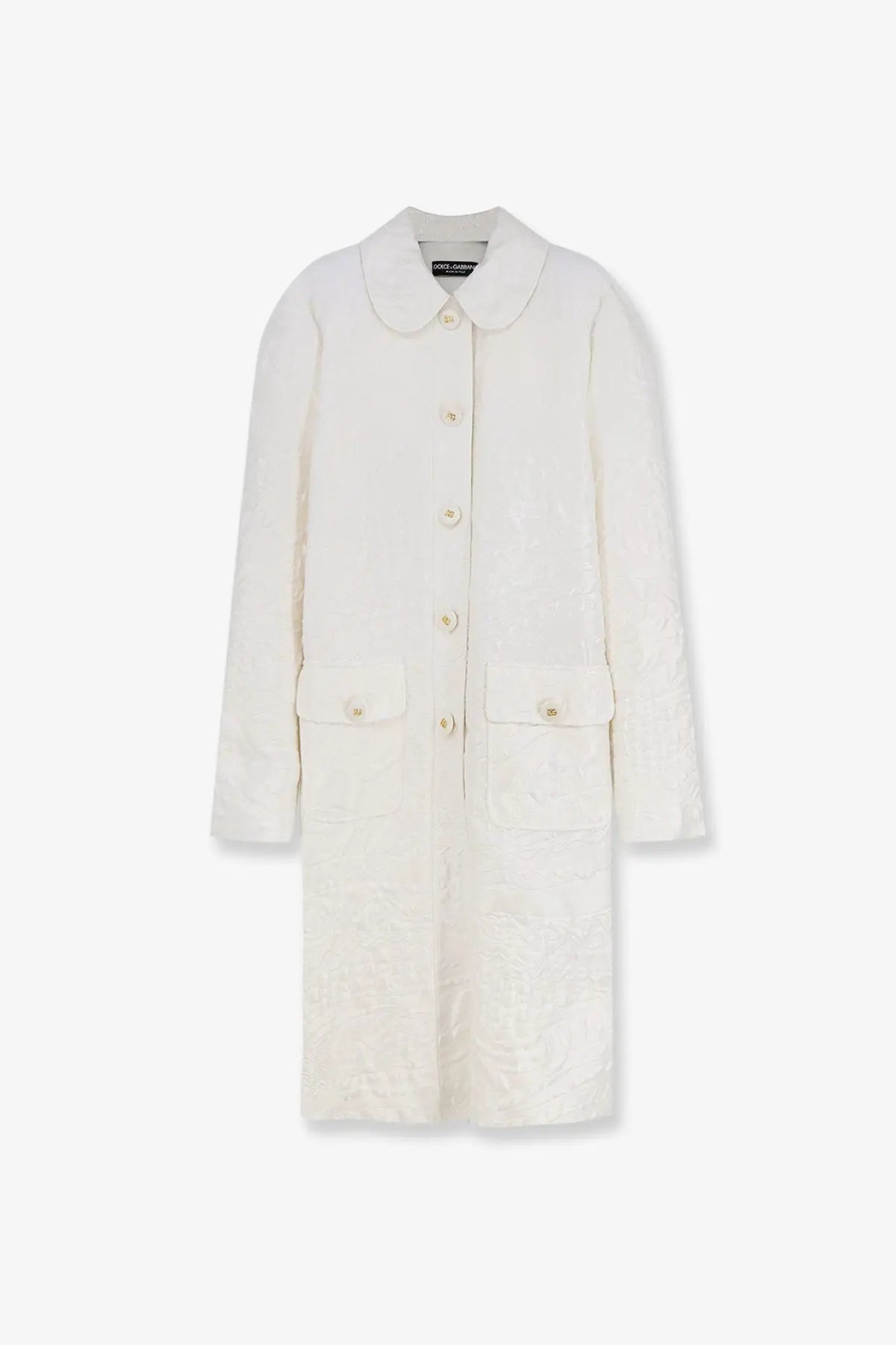 Dolce &amp; Gabbana women’s brocade coat in cream textured wool with classic collar and matching buttons