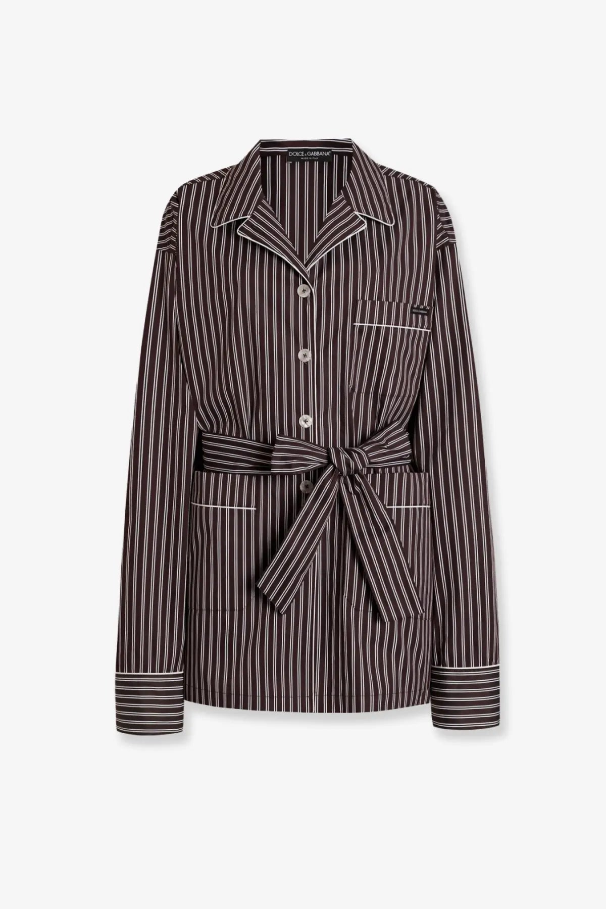 Dolce &amp; Gabbana women’s camicia pigiama vanity dark brown and white striped button-up popeline pajama top with belt