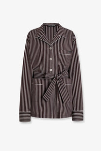 Dolce &amp; Gabbana women’s camicia pigiama vanity dark brown and white striped cotton popeline button-up pajama top with belt