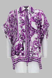 Dolce &amp; Gabbana women’s camicia in twill stampa maiolica purple with vibrant purple and white baroque patterns