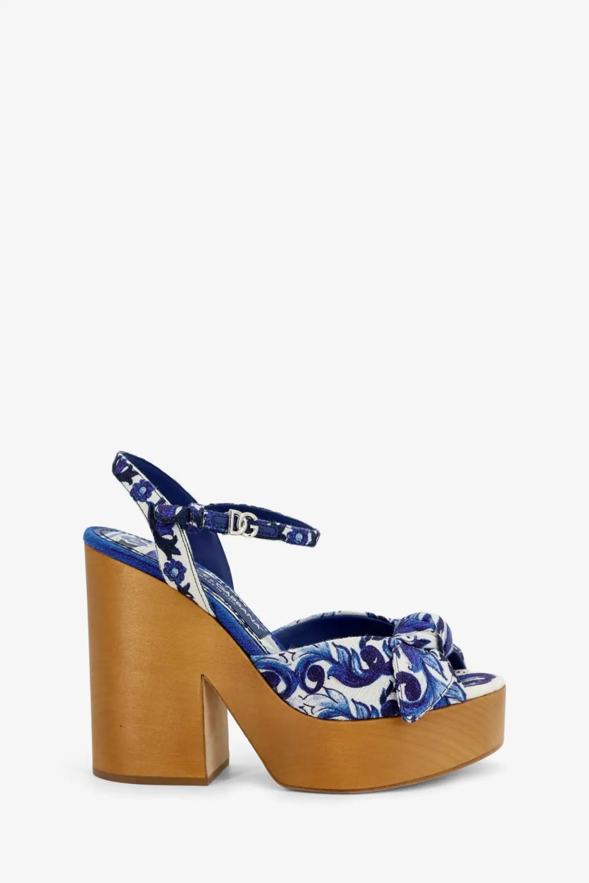 Dolce &amp; Gabbana women’s blue and white patterned canvas platform sandals with wooden block heel