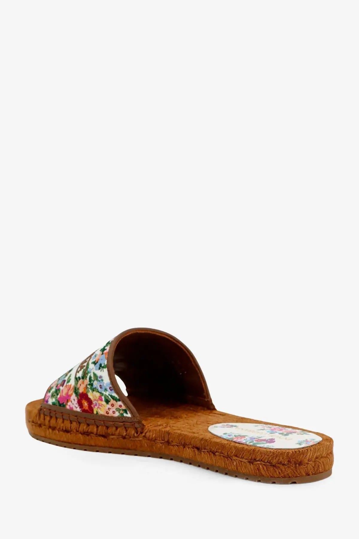 Dolce &amp; Gabbana women’s brown espadrille slide sandal with floral canvas upper and woven jute sole