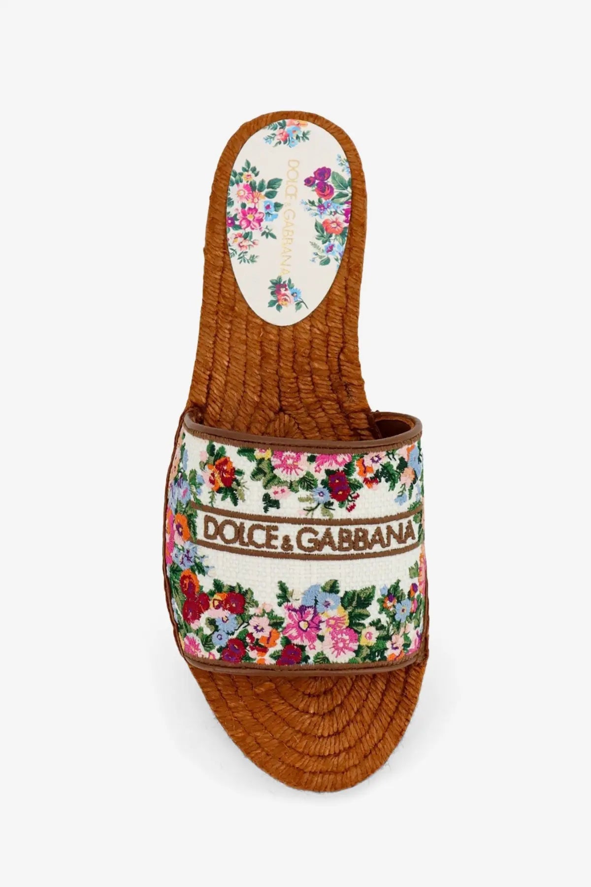 Dolce and Gabbana women’s gold espadrille slide sandal with floral embroidered white canvas strap and woven brown rope sole