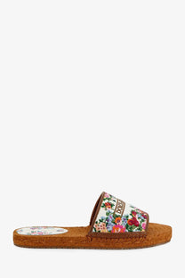 Dolce &amp; Gabbana women’s gold canvas sandals with floral print leather strap and woven jute espadrille sole
