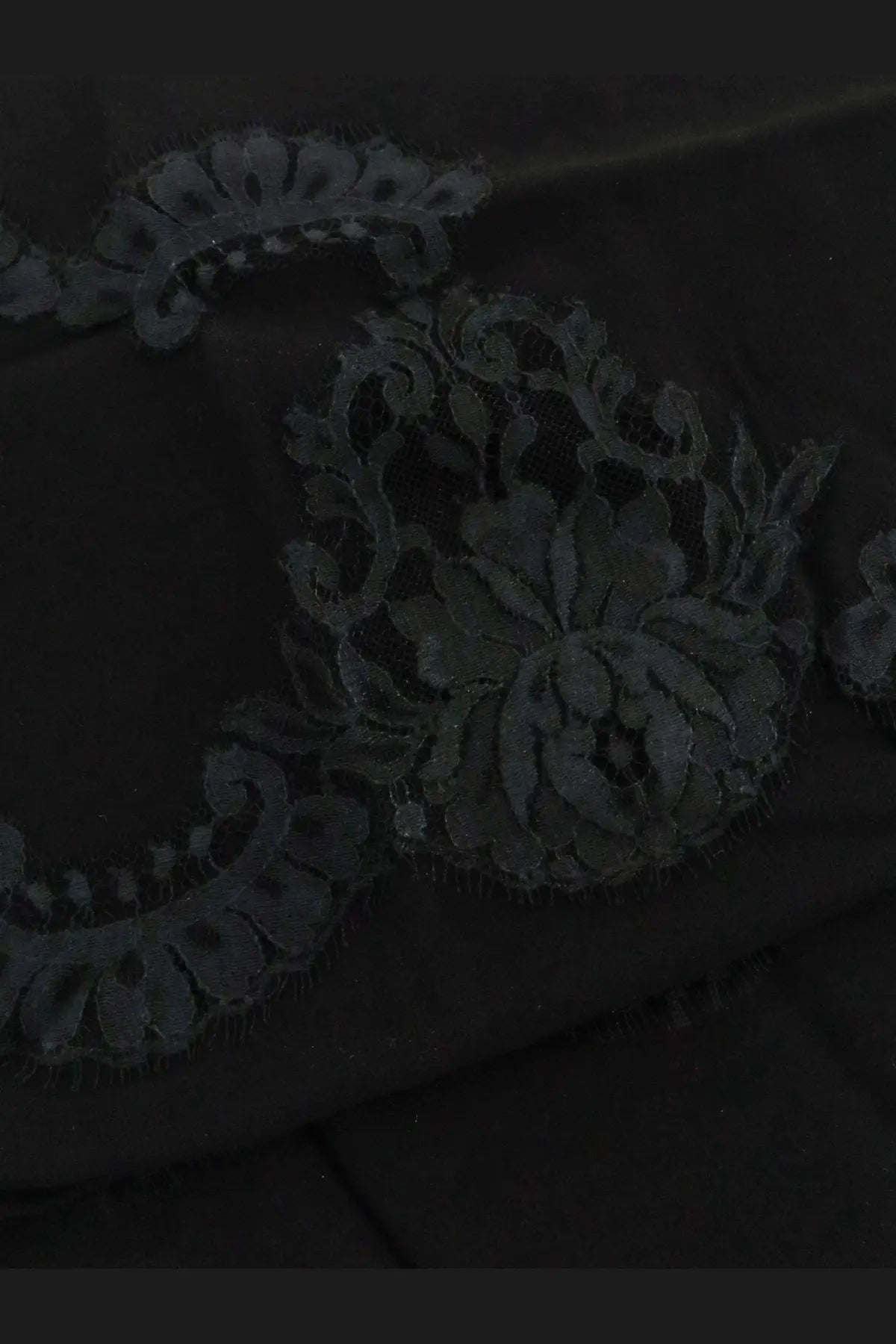 Dolce &amp; Gabbana women’s chador silk scarf in black with intricate black lace appliqué floral and scrollwork patterns