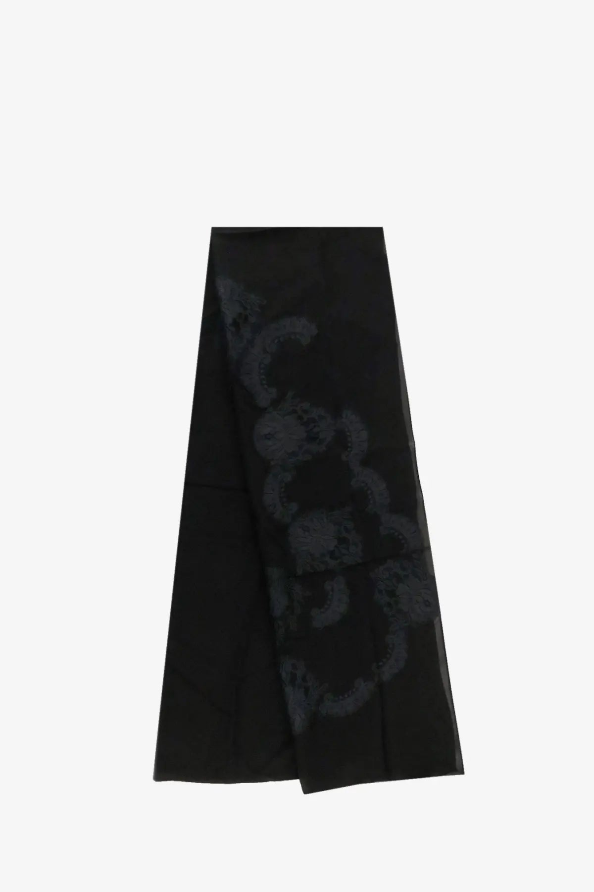 Dolce &amp; gabbana women’s chador silk scarf black with a black satin skirt featuring dark gray and teal abstract pattern