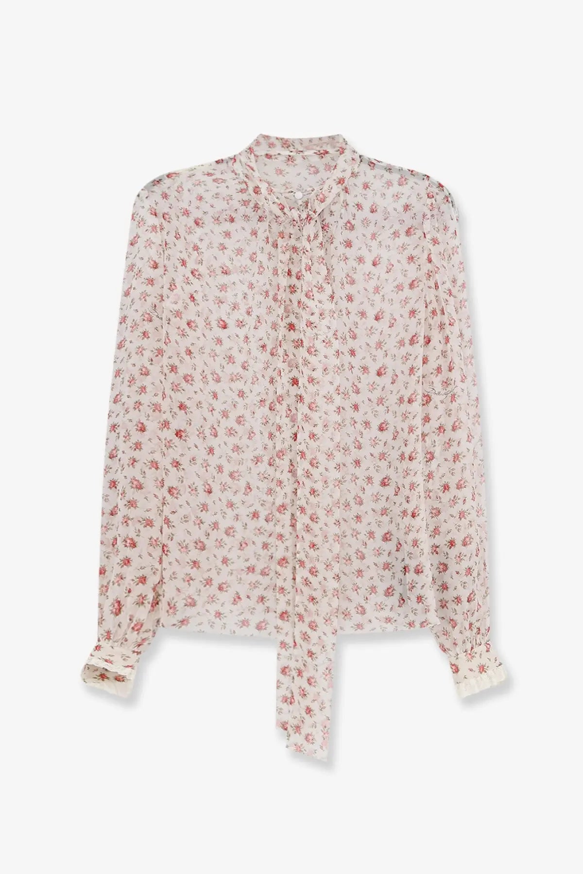 Dolce &amp; gabbana women’s chiffon blouse in soft cream with pink floral patterns and a tie-front neckline