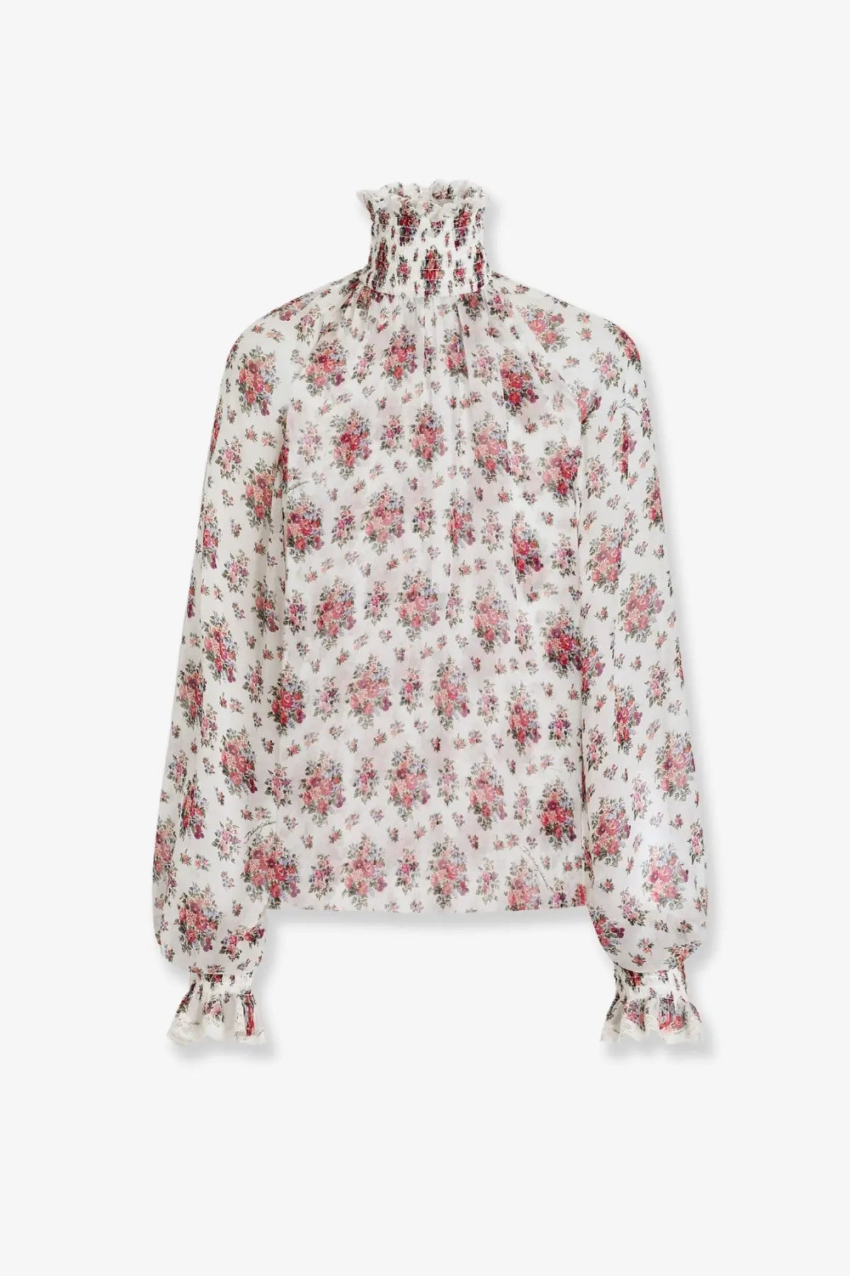 Dolce &amp; Gabbana women’s chiffon blouse ivory with subtle pink floral pattern long sleeves and ruffled cuffs