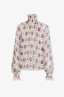 Dolce &amp; Gabbana women’s chiffon blouse ivory with subtle pink floral pattern long sleeves and ruffled cuffs