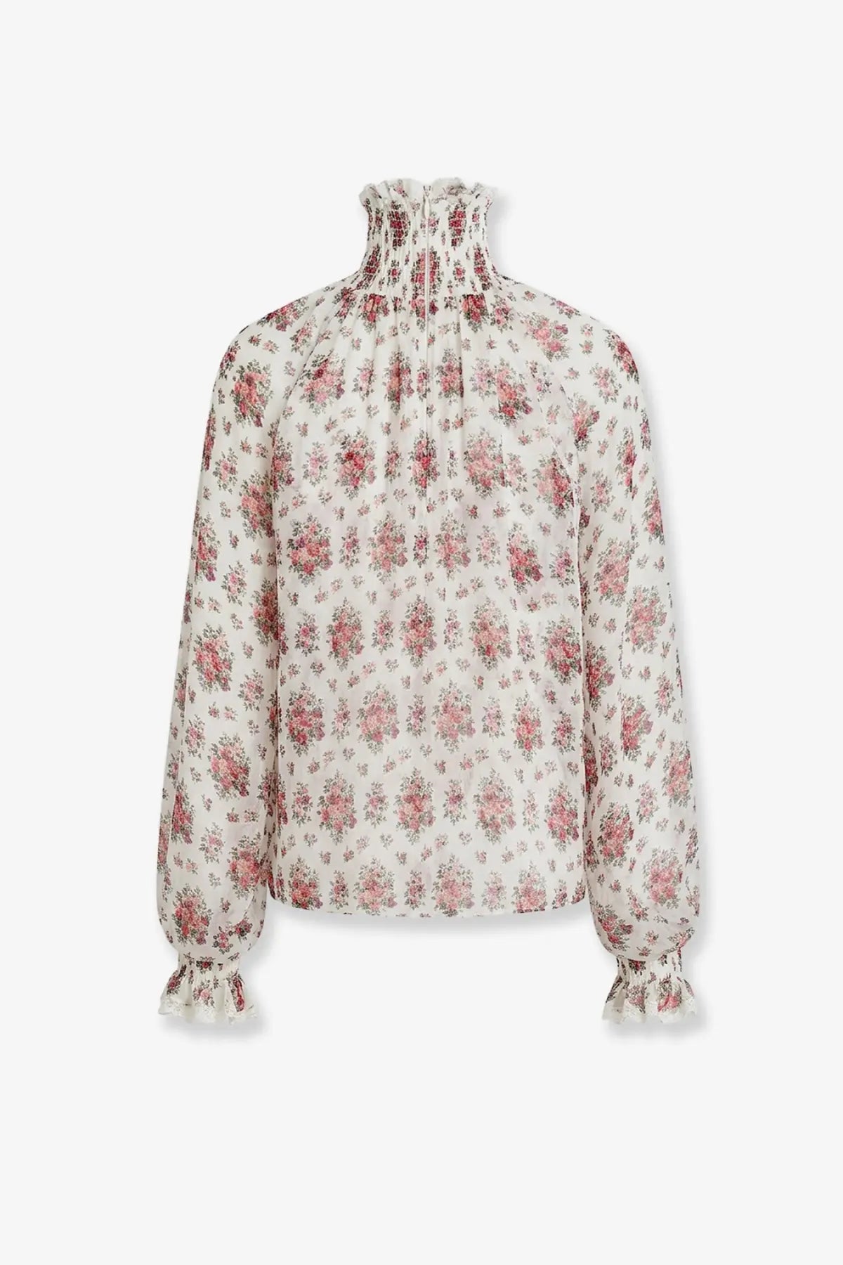 Dolce &amp; gabbana women’s chiffon blouse in ivory with subtle pink floral pattern long sleeves and ruffled cuffs