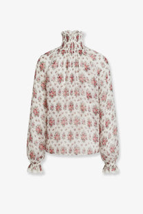 Dolce &amp; gabbana women’s chiffon blouse in ivory with subtle pink floral pattern long sleeves and ruffled cuffs