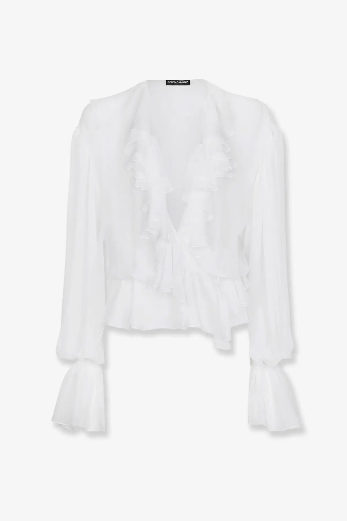 Dolce and gabbana women’s white chiffon blouse with ruffled detailing and flared sleeves