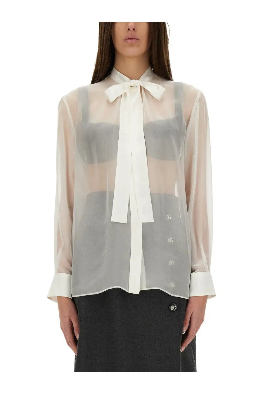 Dolce &amp; Gabbana women’s white chiffon shirt with sheer long sleeves, white bow collar, and subtle gray stripes