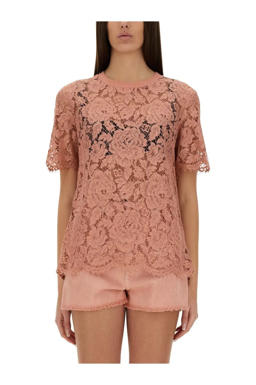 Dolce &amp; Gabbana women’s blue cordonetto lace shirt with delicate pink floral patterns and short flutter sleeves