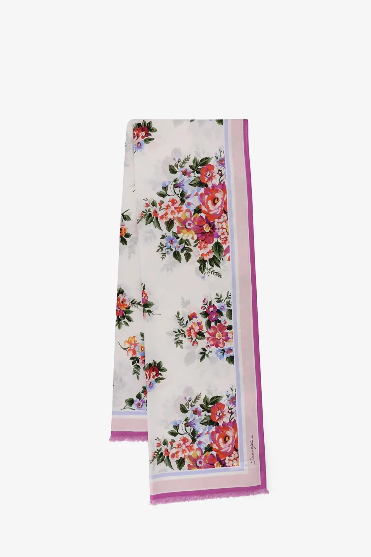 Dolce &amp; Gabbana women’s cotton beach wrap in white with vibrant pink orange purple floral pattern and soft pink lavender borders