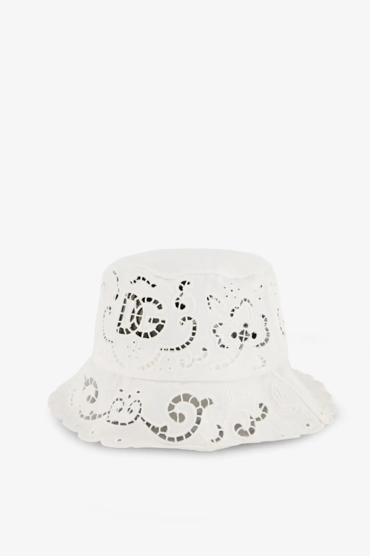 Dolce &amp; Gabbana women’s white cotton blend bucket hat with delicate black lace embroidery and a flared brim