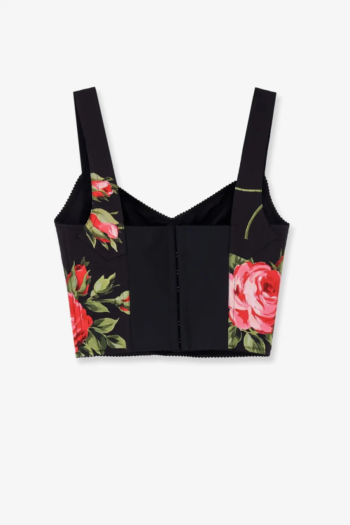 Dolce &amp; Gabbana women’s black cotton blend bustier top with red rose and green leaf floral print and thin straps
