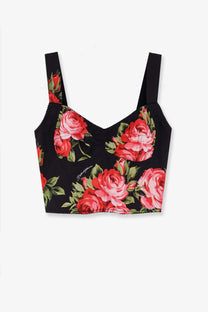 Dolce &amp; Gabbana women’s black cotton blend bustier top with vibrant red rose and green leaf floral print and scalloped hem