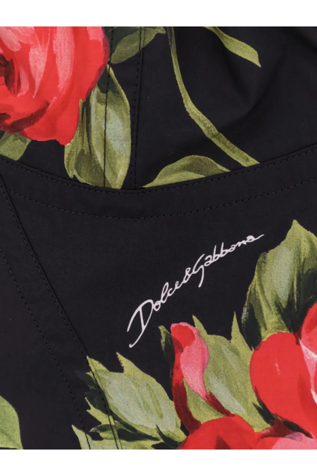 Dolce &amp; Gabbana women’s black cotton blend bustier top with vibrant red roses and green leaves floral print