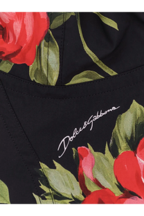Dolce &amp; Gabbana women’s black cotton blend bustier top with vibrant red roses and green leaves floral print