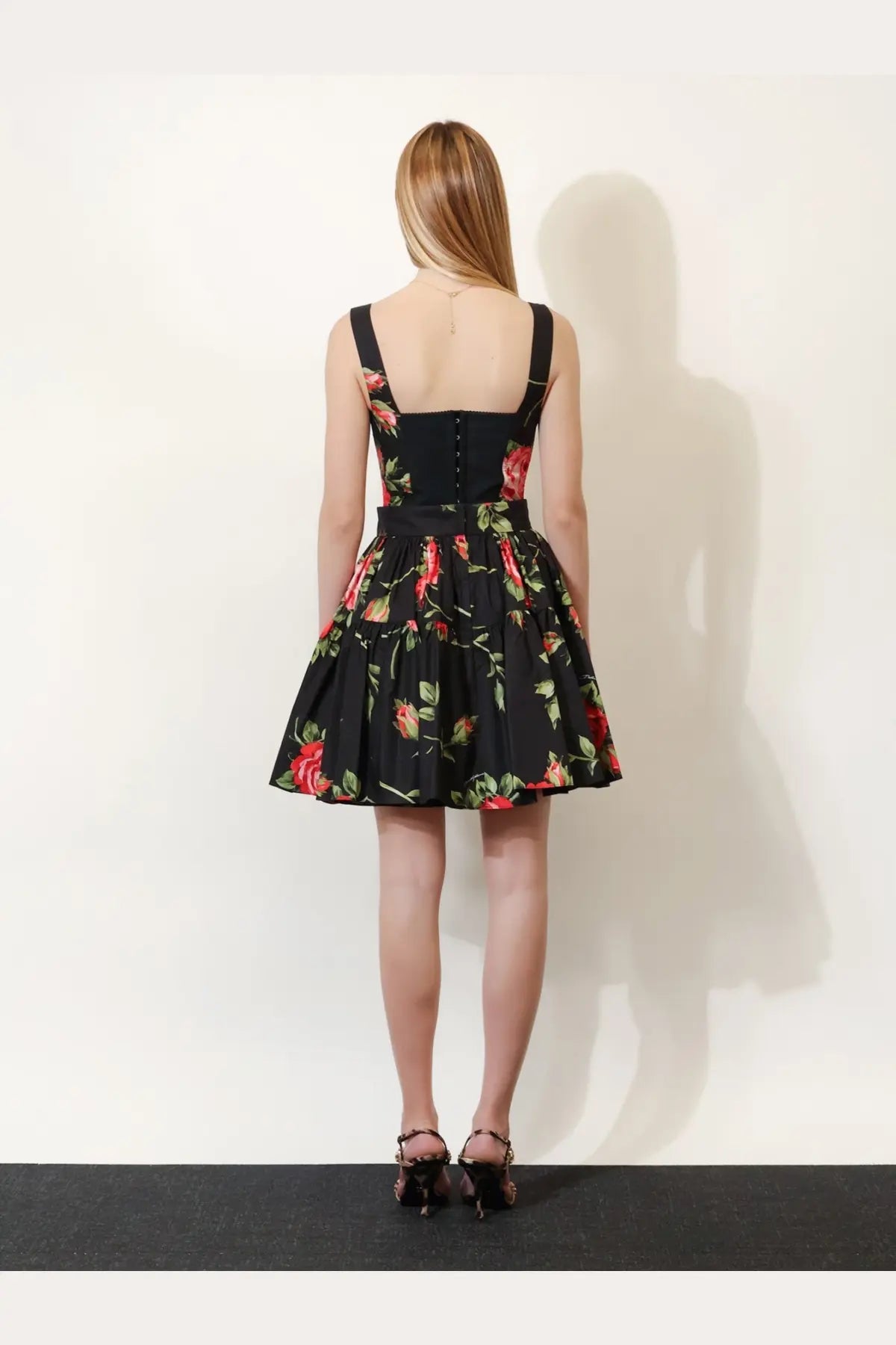 Dolce &amp; Gabbana women’s black cotton blend bustier top with red rose floral print, square neckline, and thin straps