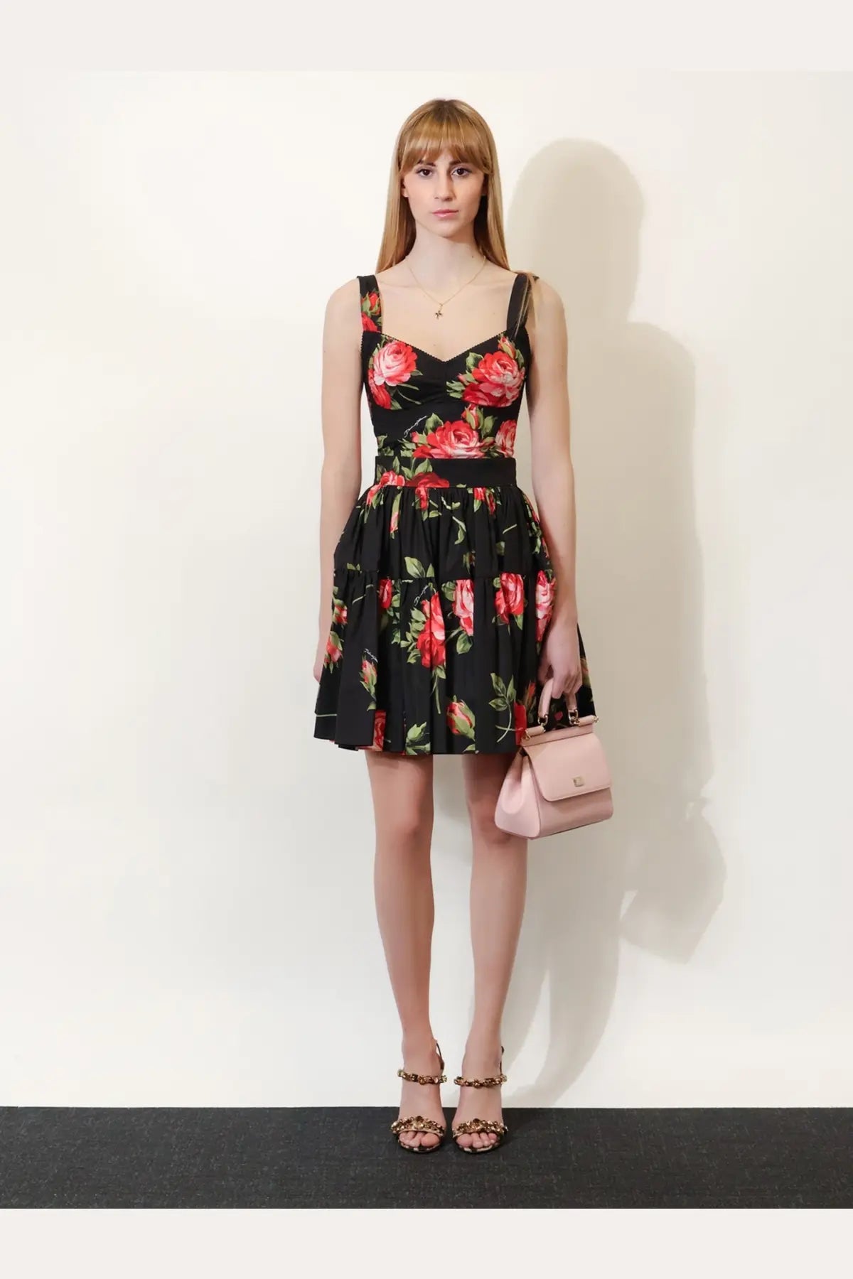 Dolce &amp; Gabbana women’s cotton blend bustier top black with red rose floral print thin straps and cinched waist